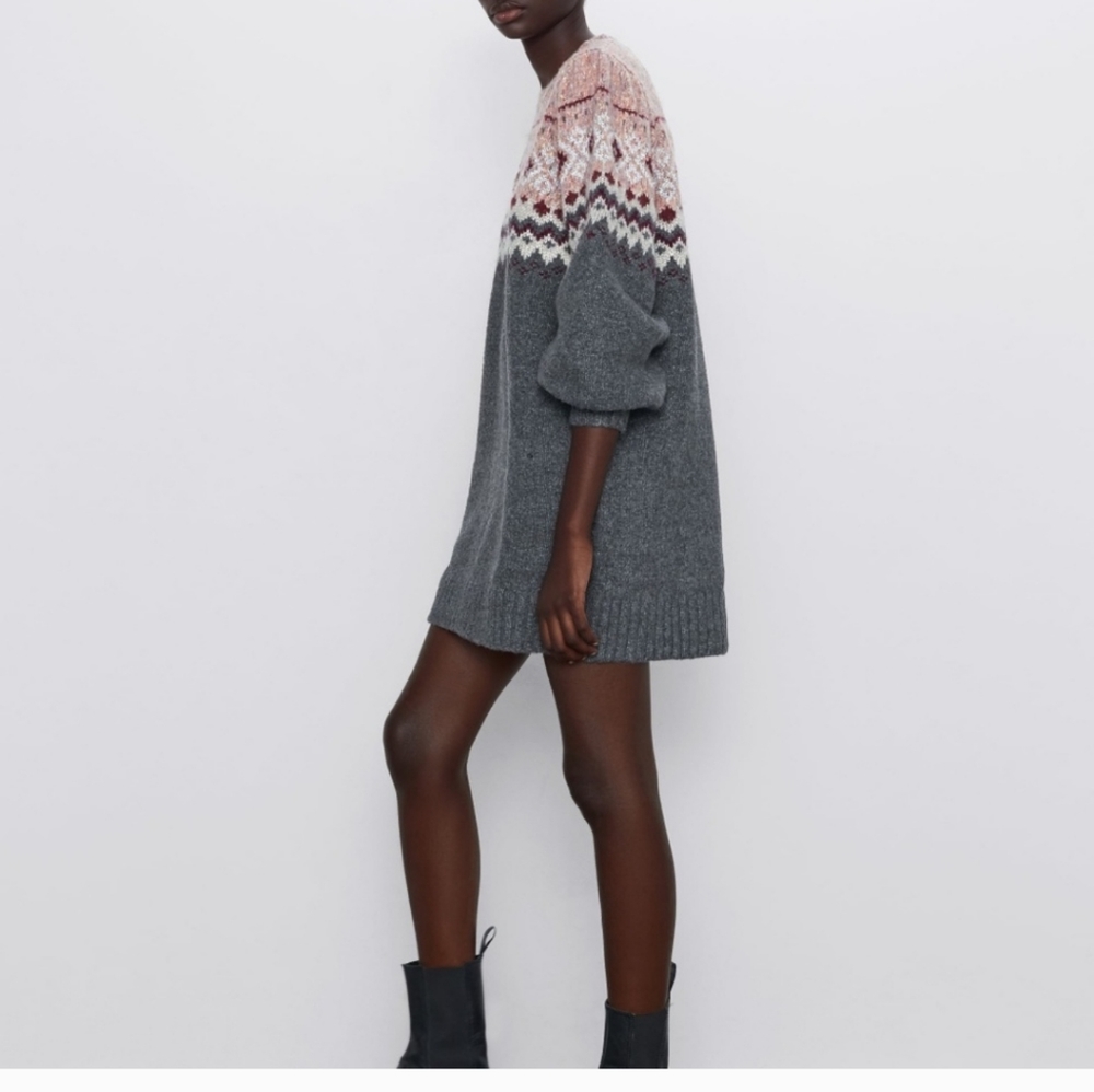 NWOT Rare Zara Fair Isle knit Balloon Sleeve Jacquard Dress small - Picture 4 of 13